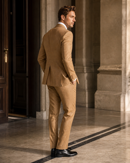Caramel Linen Beach Wedding Suit - Custom Made to Measure side back view