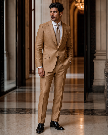 Caramel Linen Outdoor Wedding Suit - Custom Made to Measure side back view