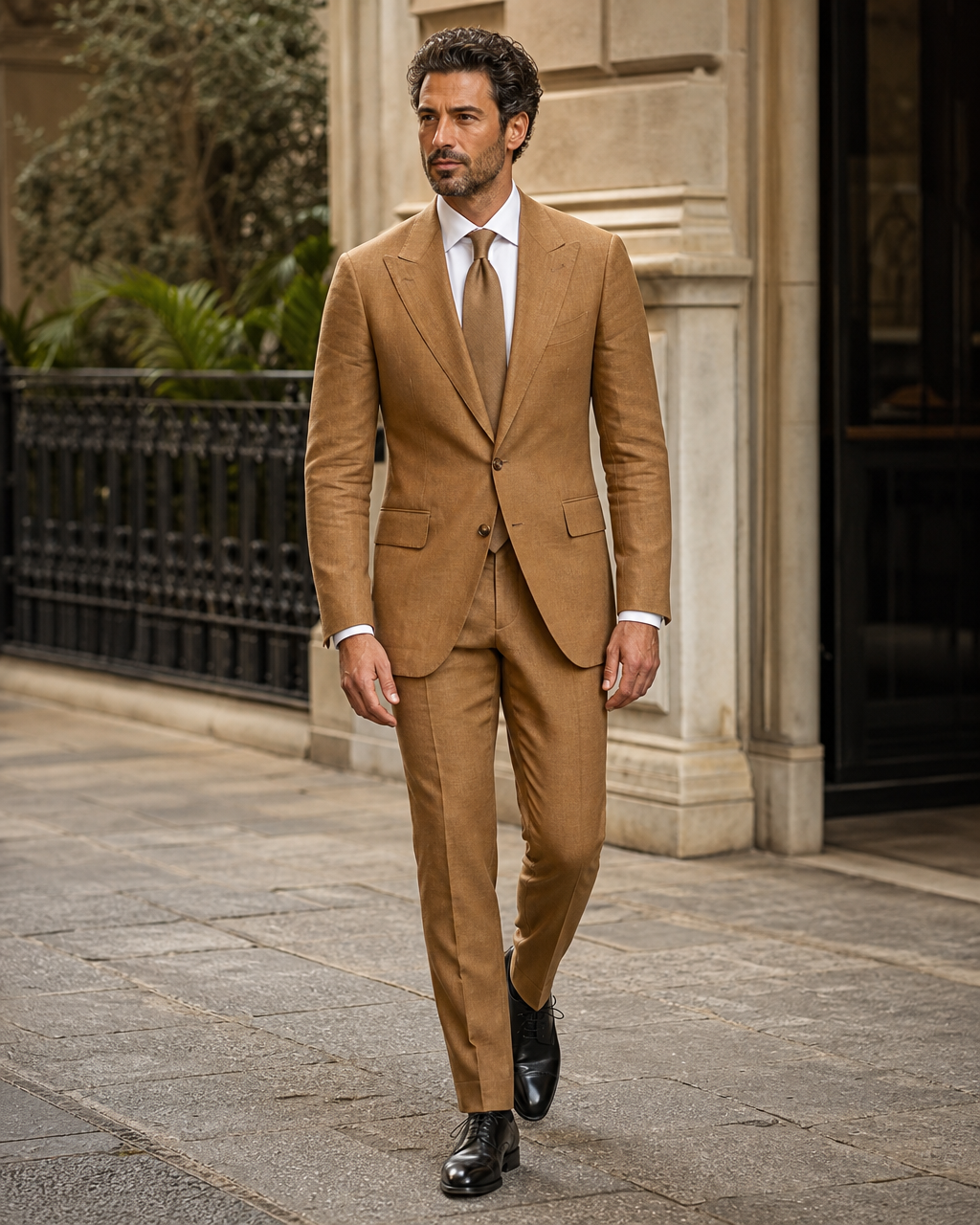 Caramel Linen Peak Lapel Suit — Custom Made to Measure