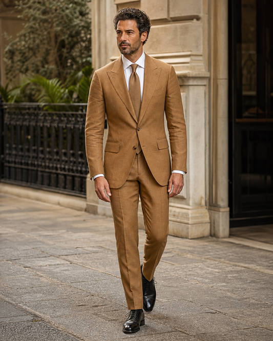 Caramel Linen Peak Lapel Suit - Custom Made to Measure front view