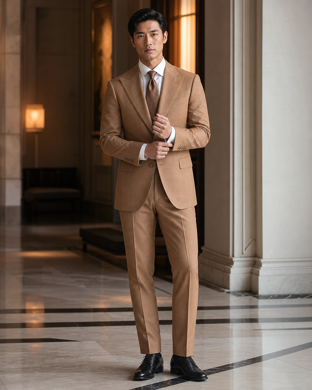 Caramel Linen Summer Suit - Custom Made to Measure front view