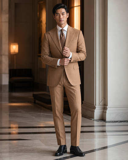 Caramel Linen Summer Suit - Custom Made to Measure front view