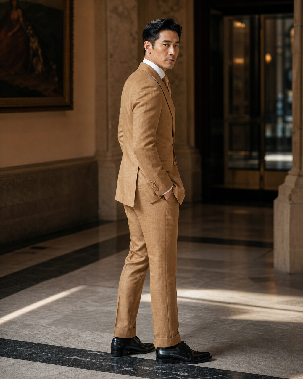 Caramel Linen Summer Suit - Custom Made to Measure side back view