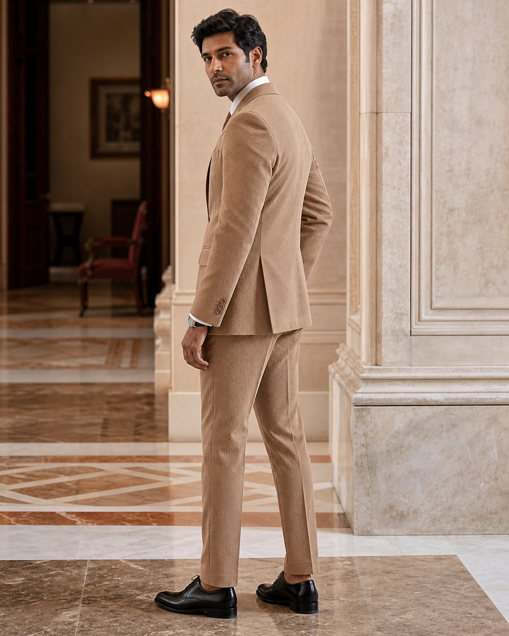 Caramel Seersucker Beach Wedding Suit - Custom Made to Measure side back view