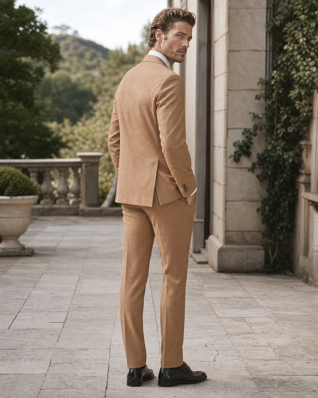 Caramel Seersucker Outdoor Wedding Suit — Custom Made to Measure side back view