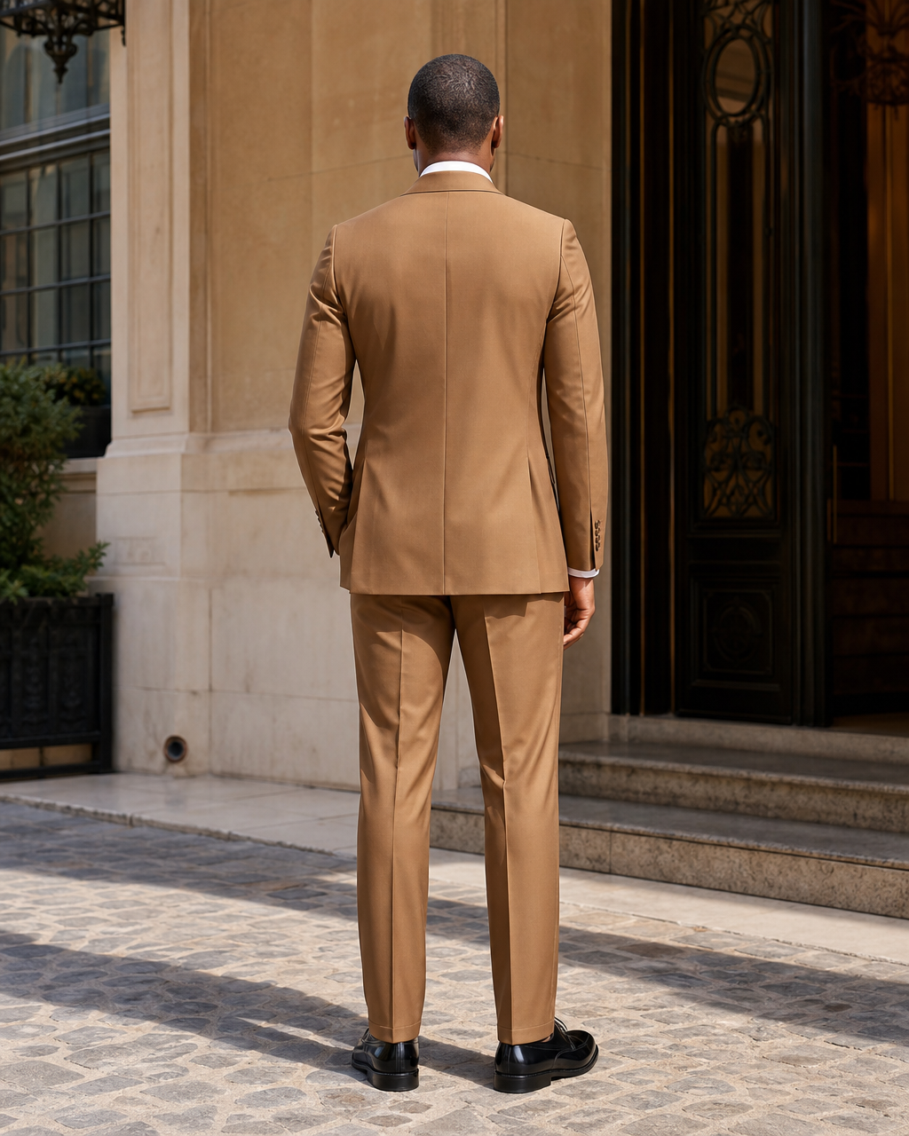 Caramel Silk Blend Shawl Lapel Suit - Custom Made to Measure back view