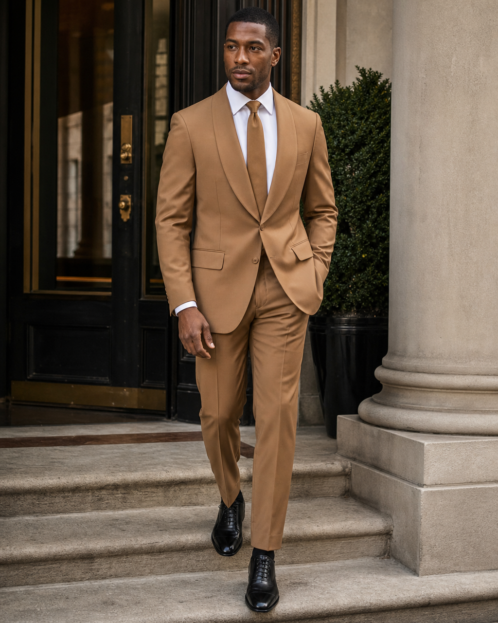 Caramel Silk Blend Shawl Lapel Suit - Custom Made to Measure fabric texture close up