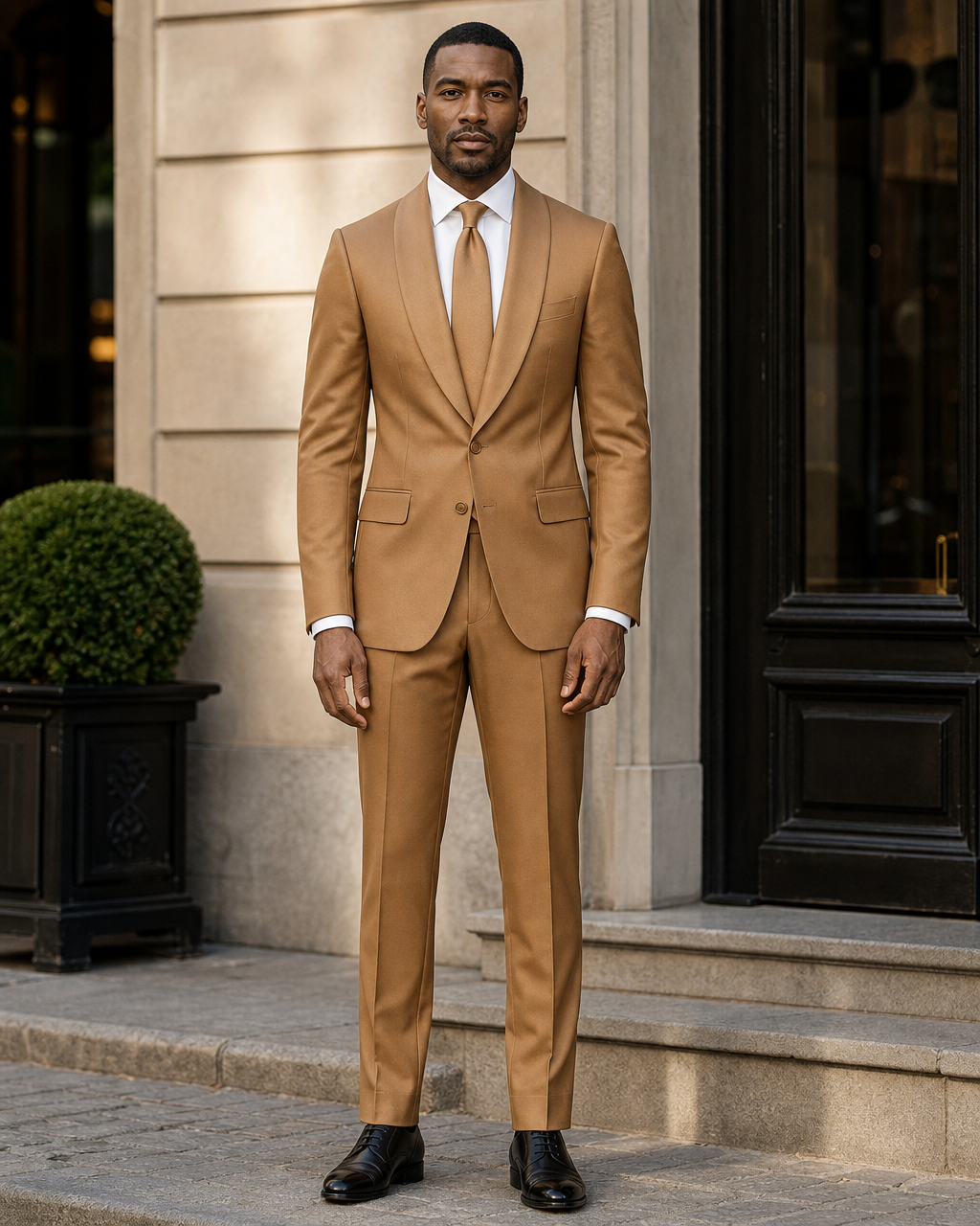 Caramel Silk Blend Shawl Lapel Suit - Custom Made to Measure front view