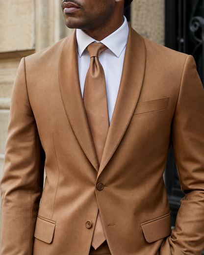 Caramel Silk Blend Shawl Lapel Suit - Custom Made to Measure lapel chest close up