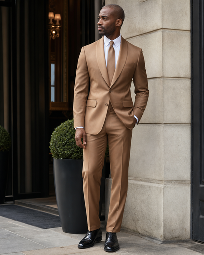 Caramel Silk Blend Shawl Lapel Suit - Custom Made to Measure side three quarter view