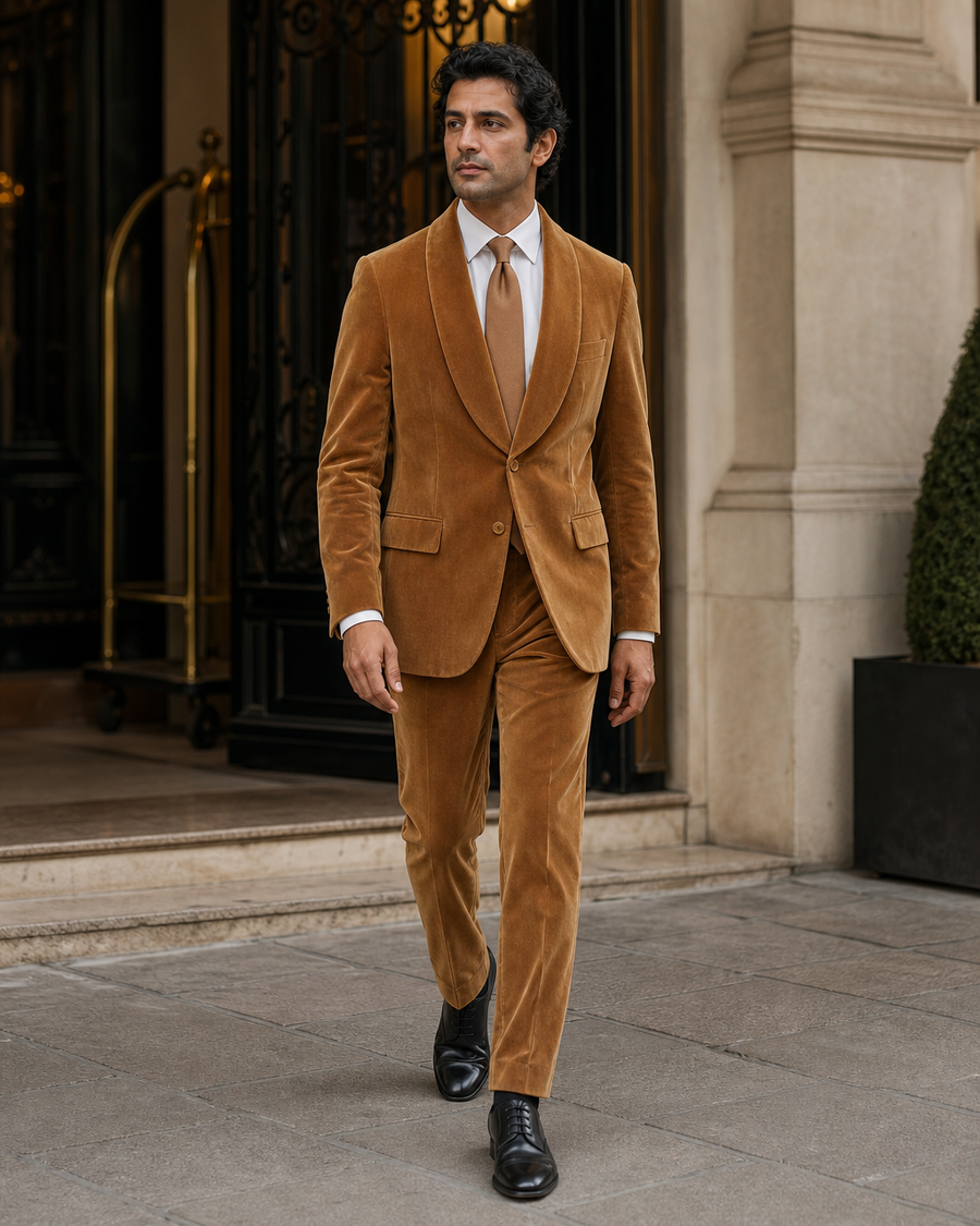 Caramel Velvet Shawl Lapel Suit — Custom Made to Measure