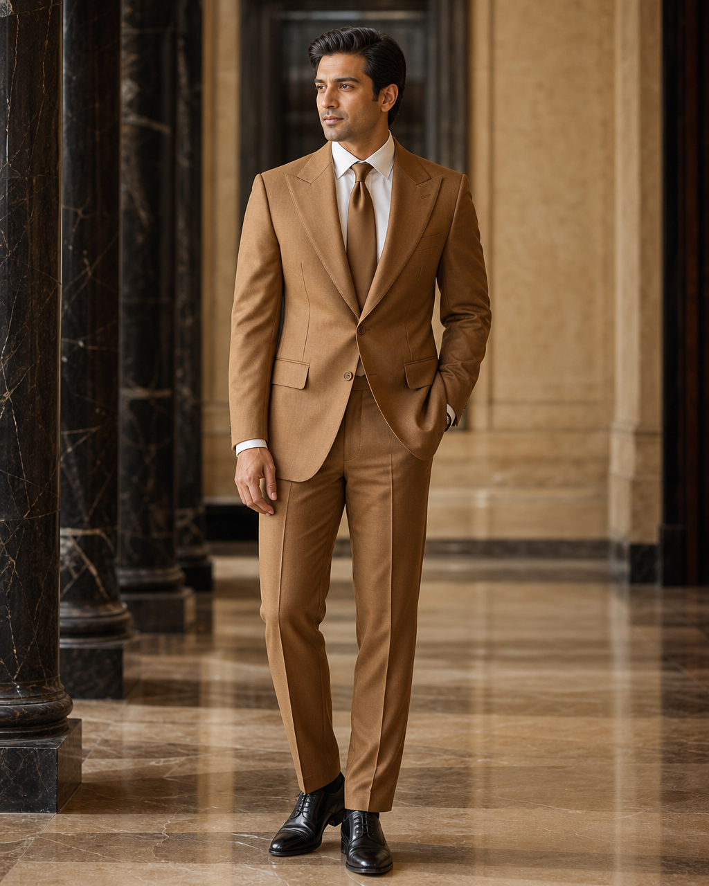 Caramel Wool Winter Suit - Custom Made to Measure side back view