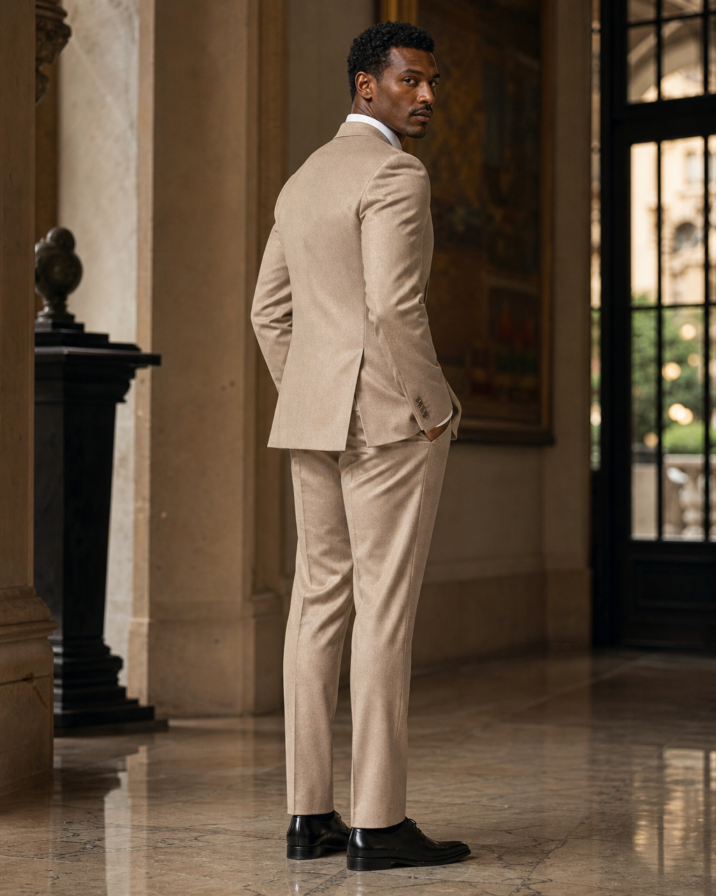 Champagne Cashmere Blend Winter Suit - Custom Made to Measure side back view