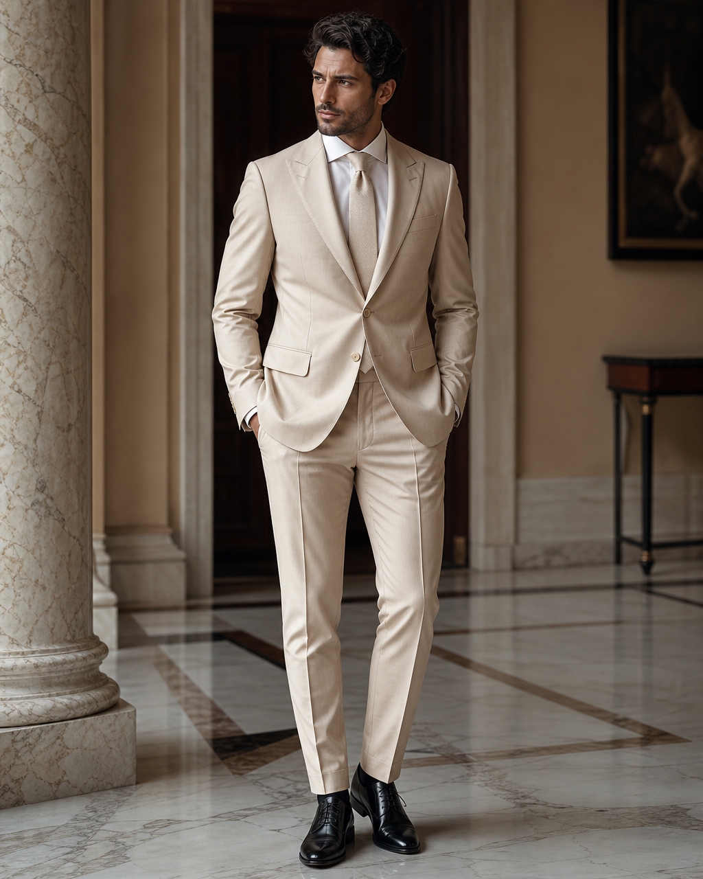 Champagne Cotton Beach Wedding Suit - Custom Made to Measure side back view