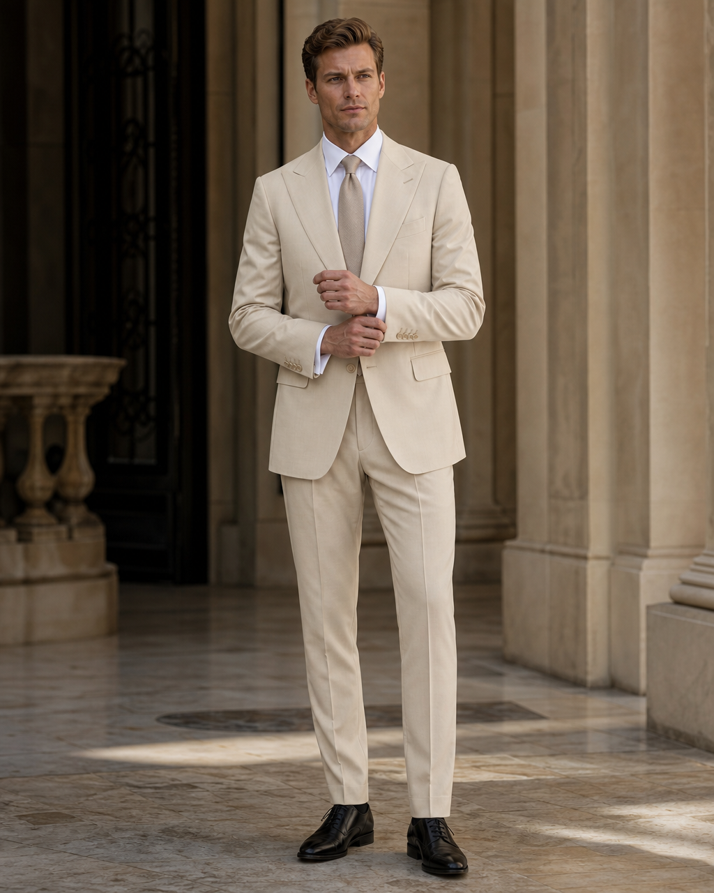 Champagne Cotton Summer Suit - Custom Made to Measure front view