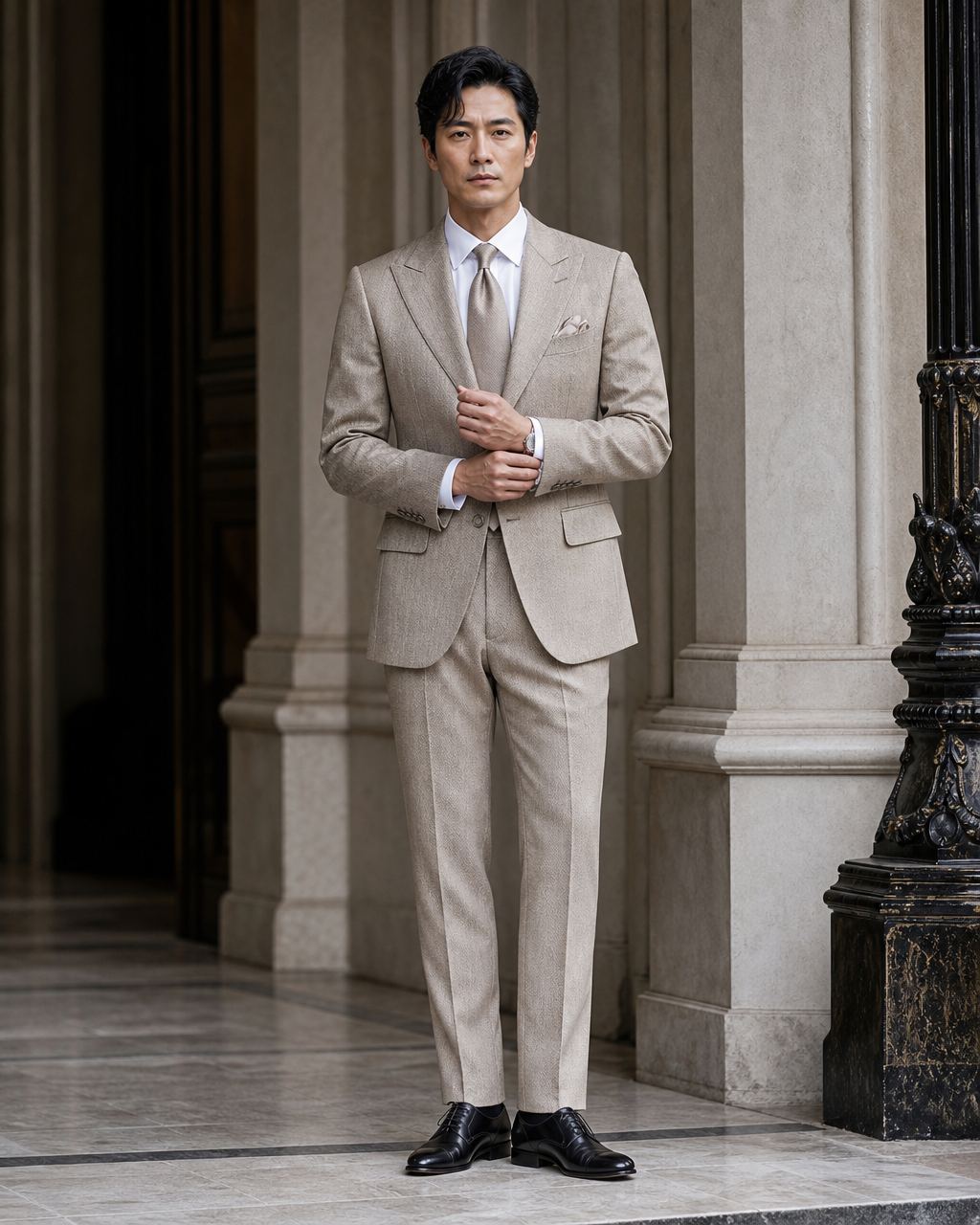 Champagne Herringbone Winter Suit - Custom Made to Measure front view