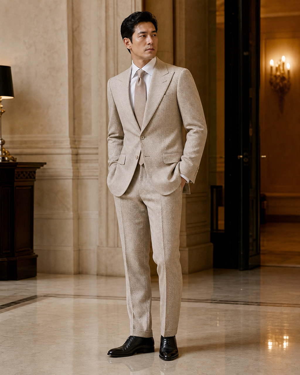 Champagne Herringbone Winter Suit - Custom Made to Measure side back view