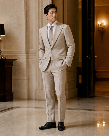 Champagne Herringbone Winter Suit - Custom Made to Measure side back view