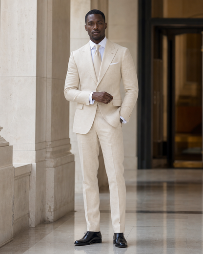 Champagne Linen Beach Wedding Suit - Custom Made to Measure front view