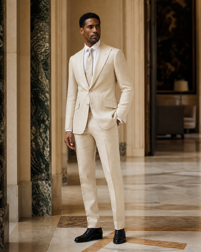 Champagne Linen Beach Wedding Suit - Custom Made to Measure side back view