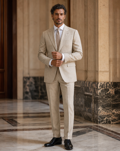 Champagne Linen Outdoor Wedding Suit - Custom Made to Measure front view
