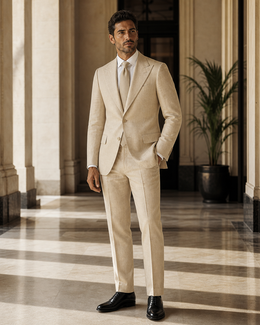 Champagne Linen Outdoor Wedding Suit - Custom Made to Measure side back view
