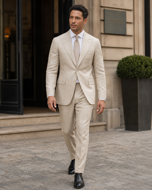 Champagne Linen Peak Lapel Suit - Custom Made to Measure front view