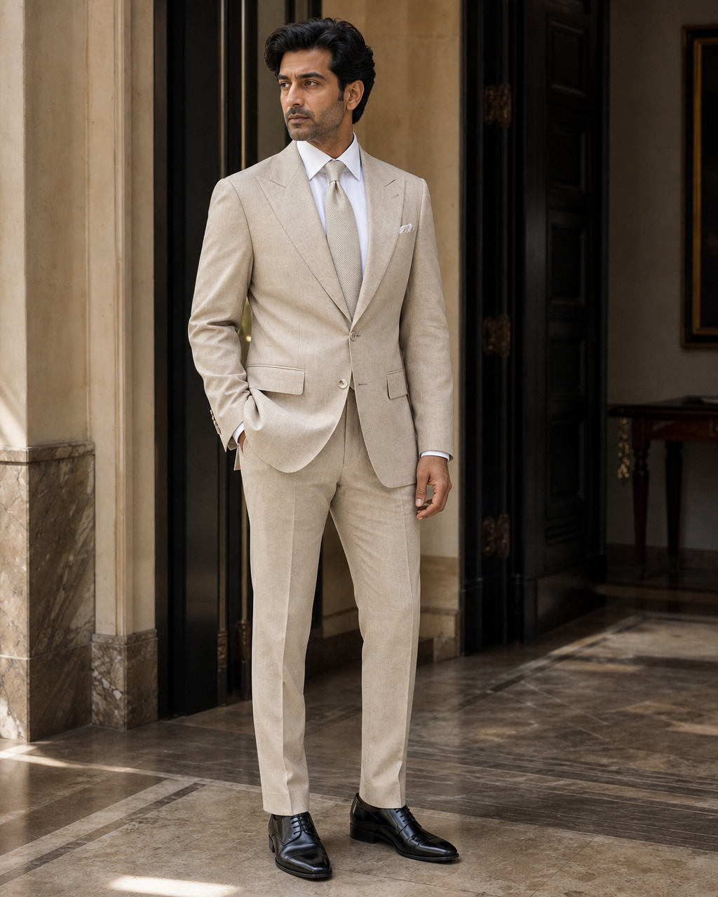 Champagne Linen Summer Suit - Custom Made to Measure side back view