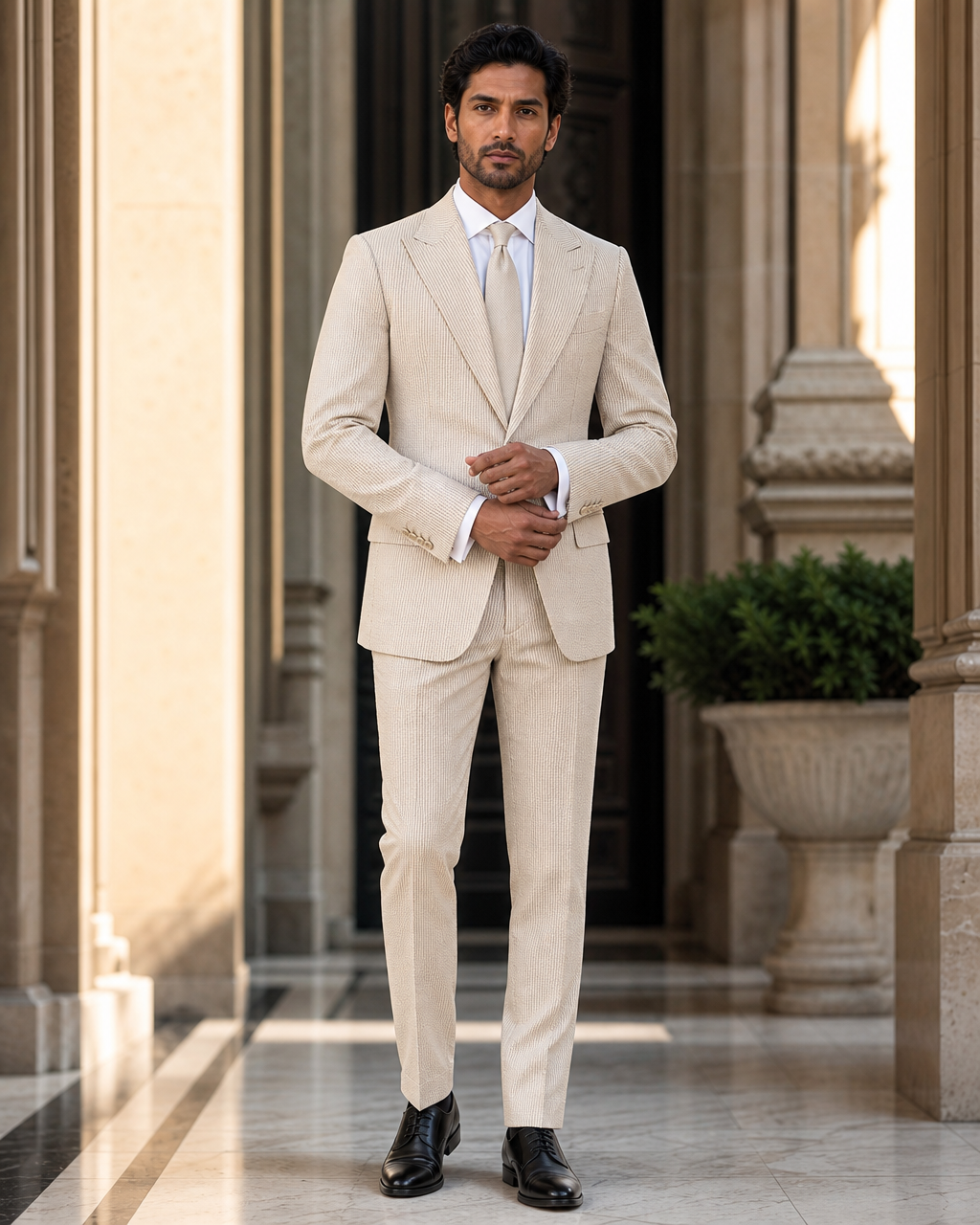 Champagne Seersucker Beach Wedding Suit - Custom Made to Measure front view