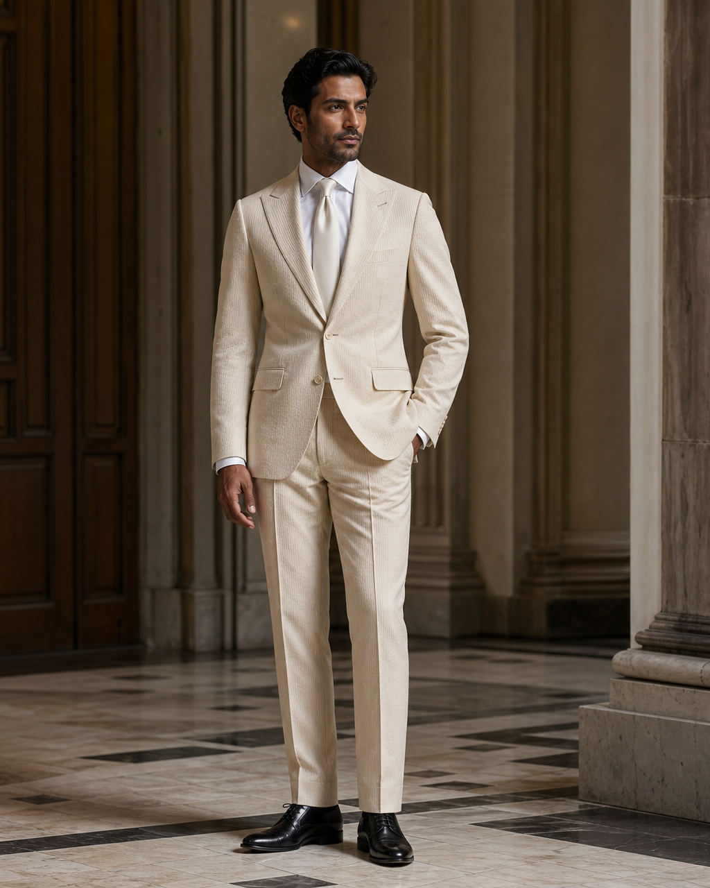 Champagne Seersucker Beach Wedding Suit - Custom Made to Measure side back view