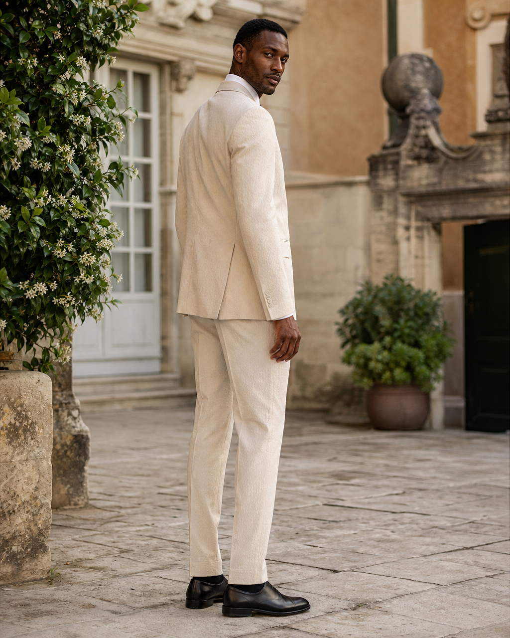 Champagne Seersucker Outdoor Wedding Suit — Custom Made to Measure side back view