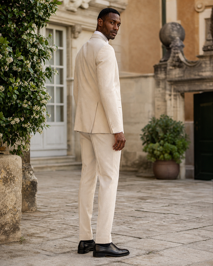Champagne Seersucker Outdoor Wedding Suit — Custom Made to Measure side back view