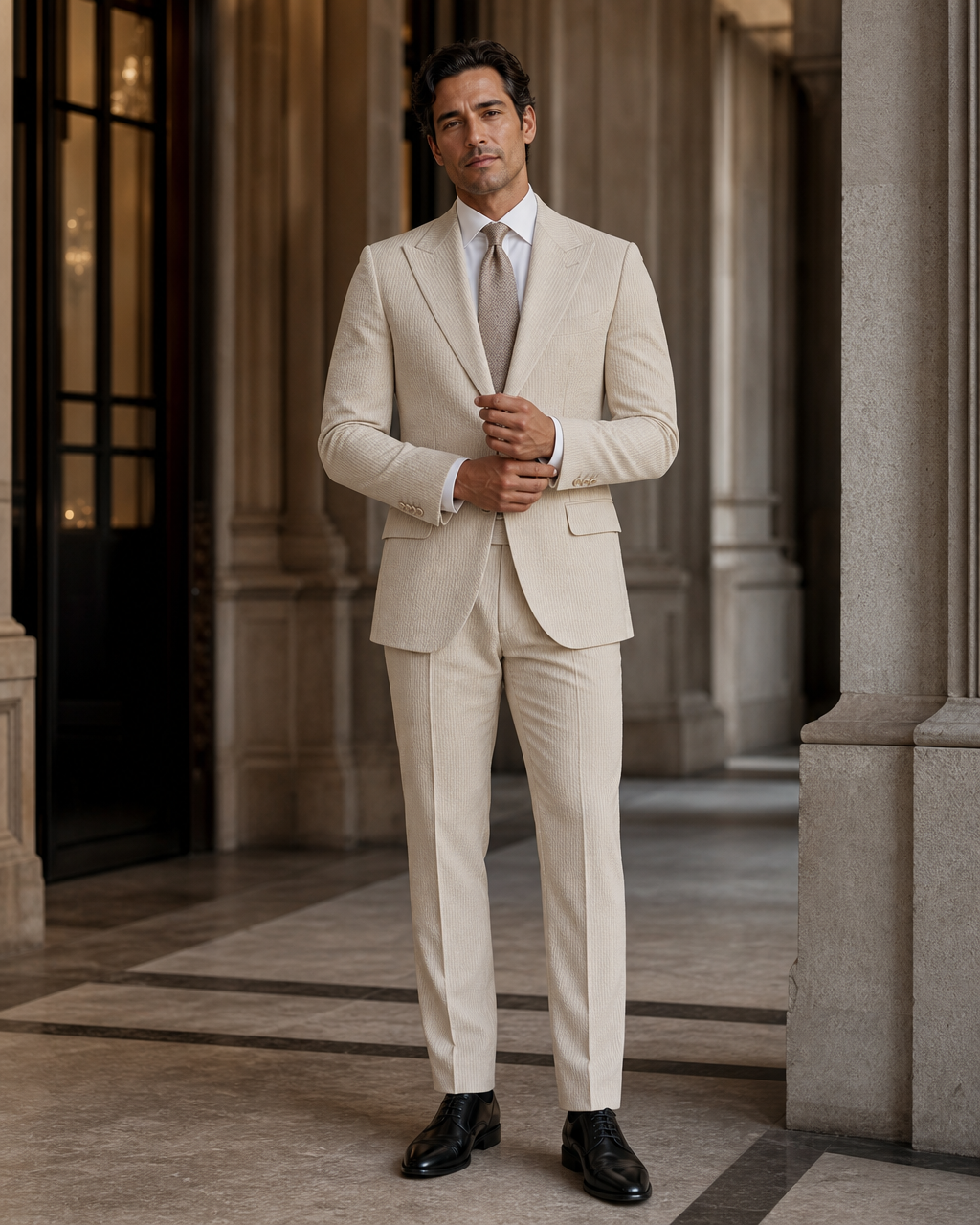 Champagne Seersucker Summer Suit - Custom Made to Measure front view