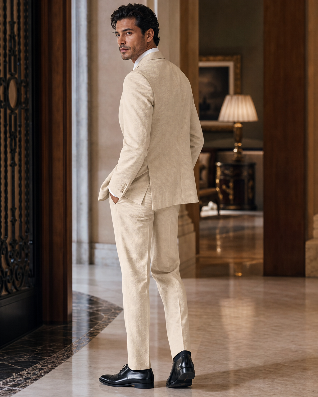 Champagne Seersucker Summer Suit - Custom Made to Measure side back view