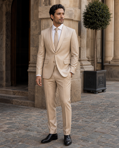 Champagne Silk Blend Shawl Lapel Suit - Custom Made to Measure fabric texture close up