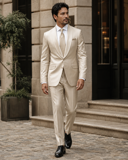 Champagne Silk Blend Shawl Lapel Suit - Custom Made to Measure front view