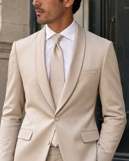 Champagne Silk Blend Shawl Lapel Suit - Custom Made to Measure lapel chest close up