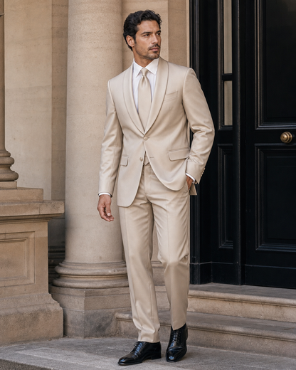 Champagne Silk Blend Shawl Lapel Suit - Custom Made to Measure side three quarter view