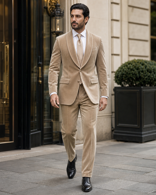 Champagne Velvet Shawl Lapel Suit - Custom Made to Measure front view