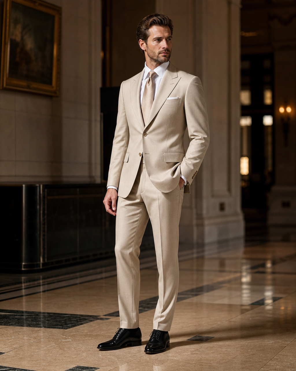 Champagne Wool Outdoor Wedding Suit - Custom Made to Measure side back view
