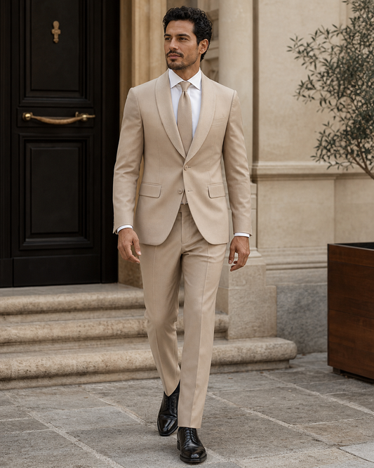 Champagne Wool Shawl Lapel Suit - Custom Made to Measure front view