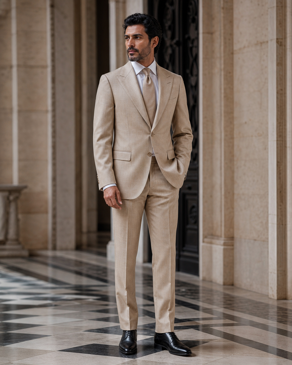 Champagne Wool Winter Suit - Custom Made to Measure side back view