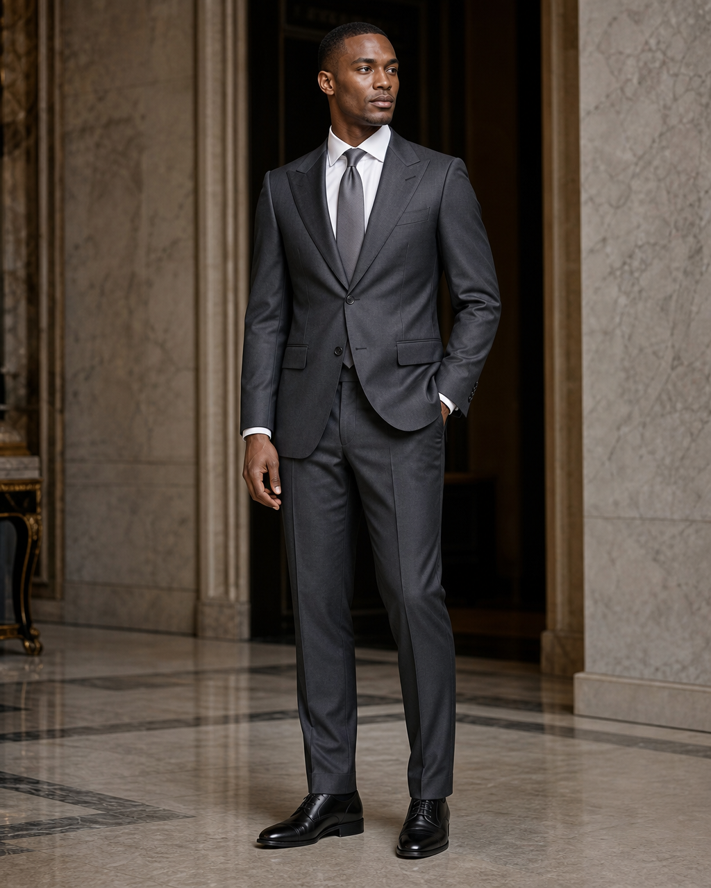 Charcoal Gray Cotton Outdoor Wedding Suit - Custom Made to Measure side back view