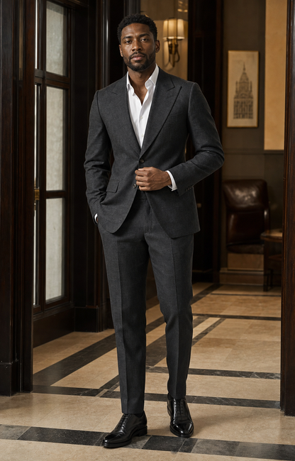 Charcoal Gray Linen Peak Lapel Suit - Custom Made to Measure - Front View