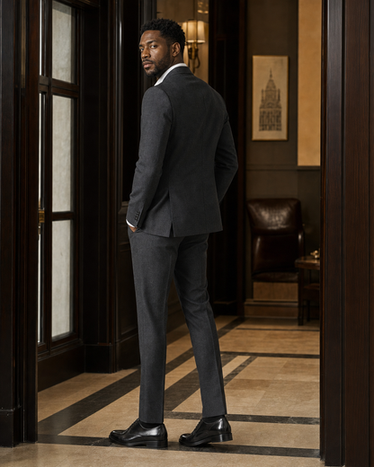 Charcoal Gray Linen Peak Lapel Suit - Custom Made to Measure - Side Back View