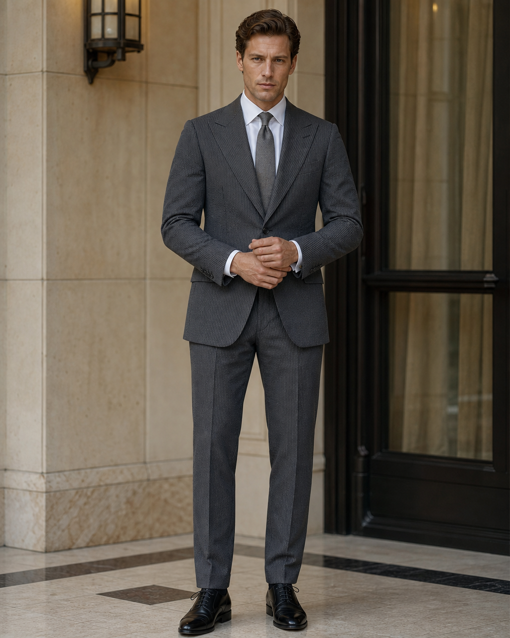 Charcoal Gray Seersucker Beach Wedding Suit - Custom Made to Measure front view