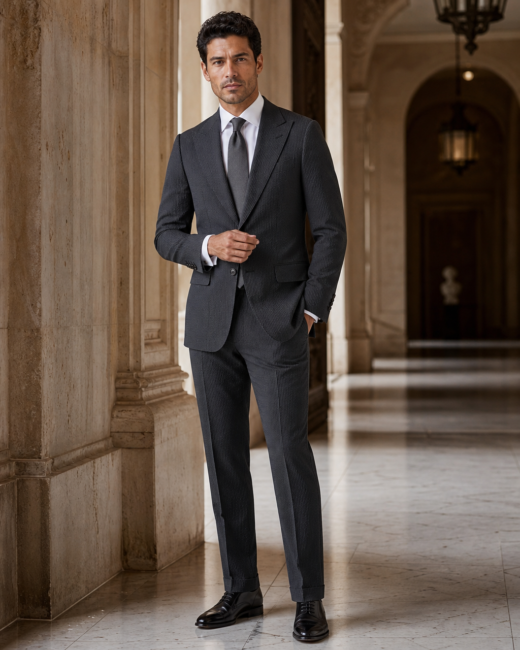Charcoal Gray Seersucker Summer Suit - Custom Made to Measure front view