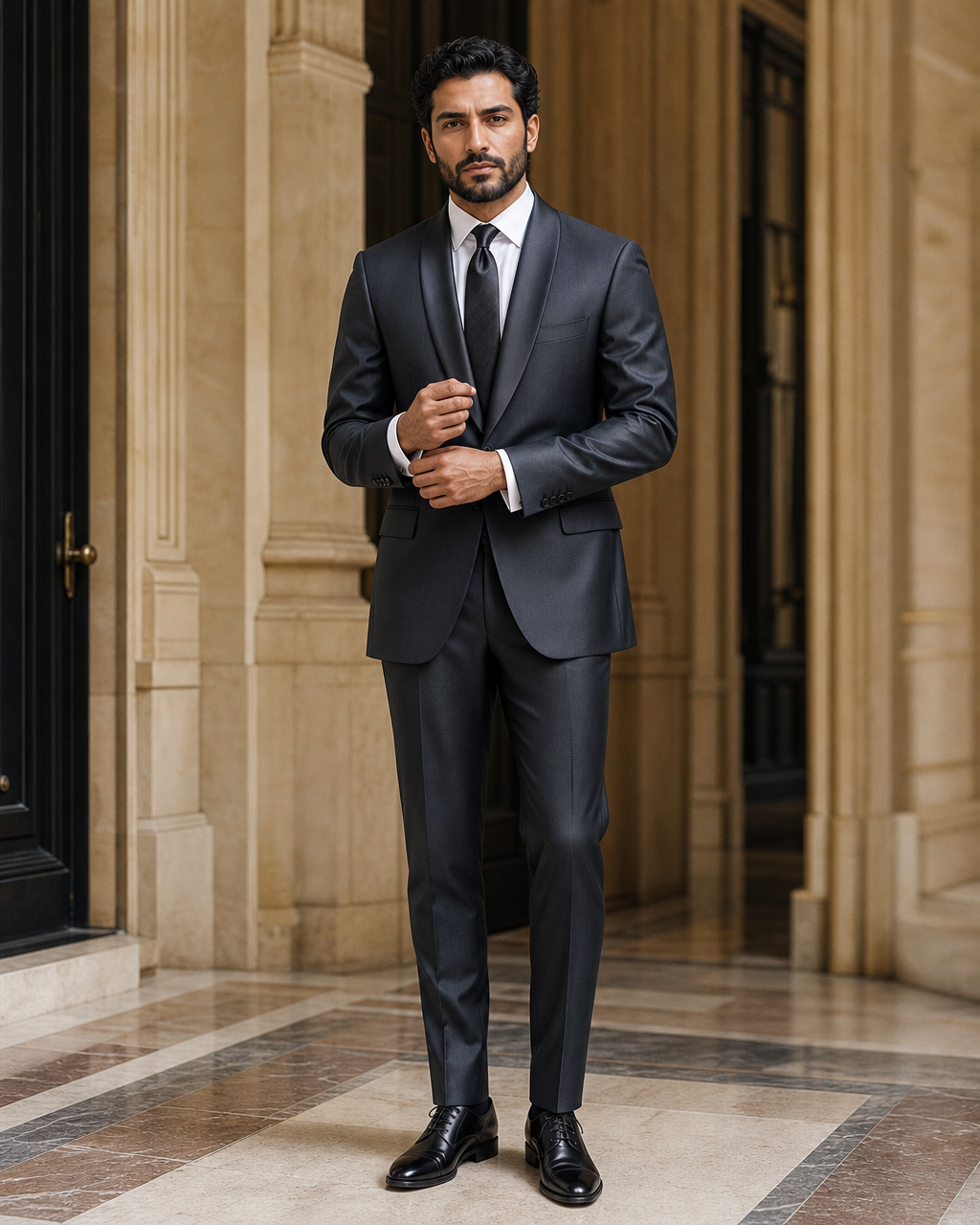 Charcoal Gray Silk Blend Shawl Lapel Suit - Custom Made to Measure front view