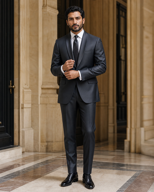Charcoal Gray Silk Blend Shawl Lapel Suit - Custom Made to Measure front view