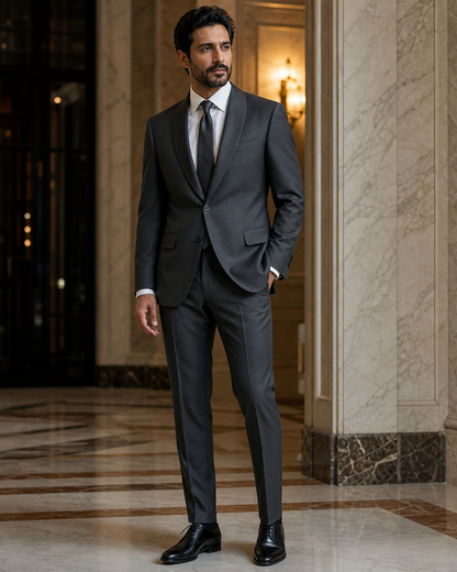 Charcoal Gray Silk Blend Shawl Lapel Suit - Custom Made to Measure side back view